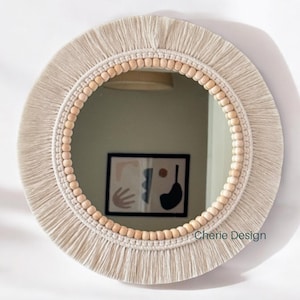 Macrame Mirror, Beaded Wall Mirror, White Round Wall Mirror, Boho Decor, Nursery Room Wall Mirror, Babyshower Gifts, Beaded Wooden Mirror