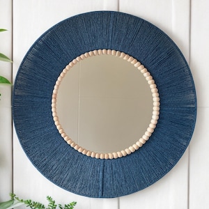 Navy Blue Wall Mirror, Beaded Round Living Room Mirror, Retro Wall Decor, Circle Handmade Gift, Entryway Home Boho Decoration, New Home Gift