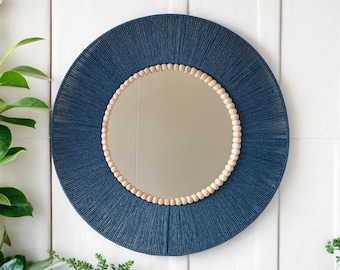 Navy Blue Wall Mirror, Beaded Round Living Room Mirror, Retro Wall Decor, Circle Handmade Gift, Entryway Home Boho Decoration, New Home Gift