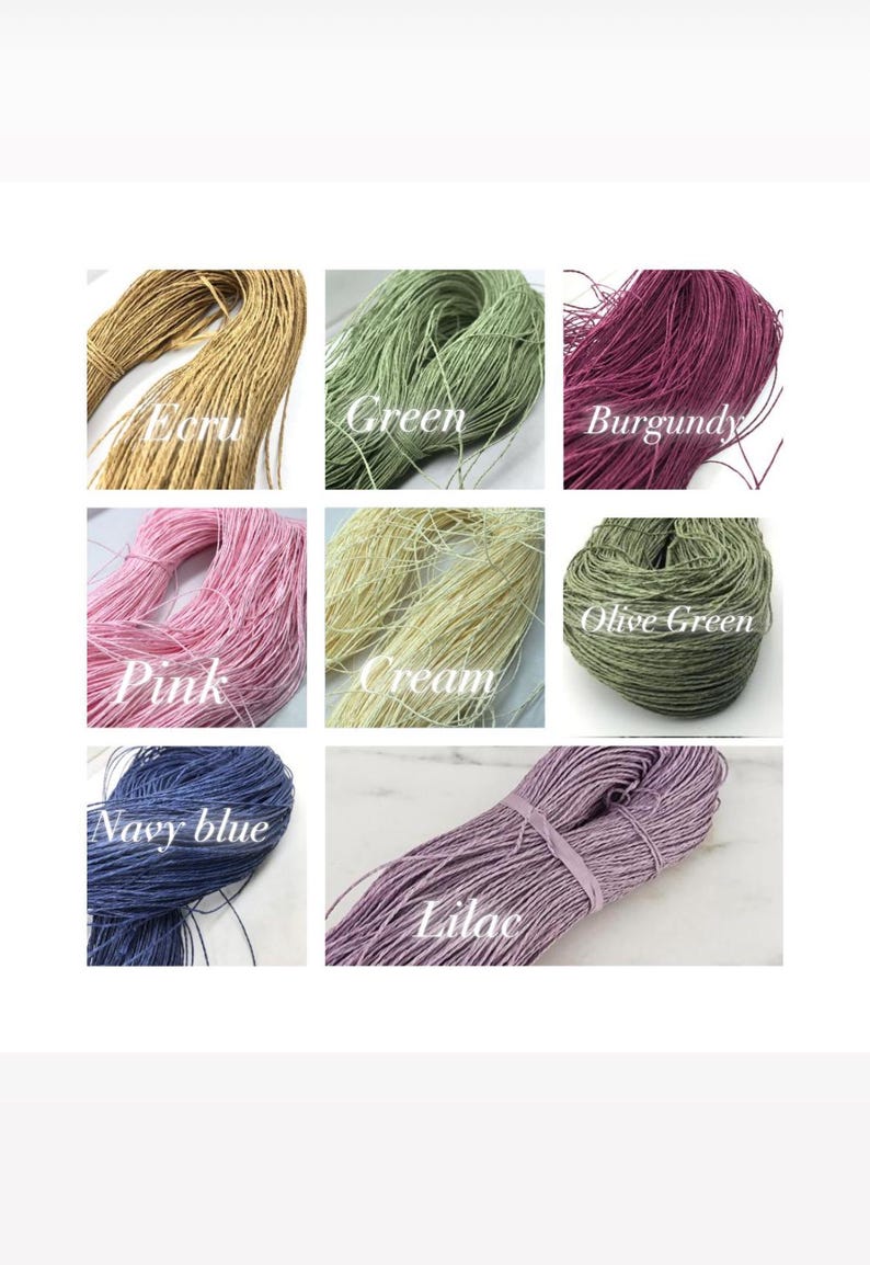 May include: A grid of eight bundles of thin, fibrous cord in various colors, labeled with text: Ecru, Green, Burgundy, Pink, Cream, Olive Green, Navy blue, and Lilac. Each bundle consists of multiple strands of string arranged in a loose, coiled formation.