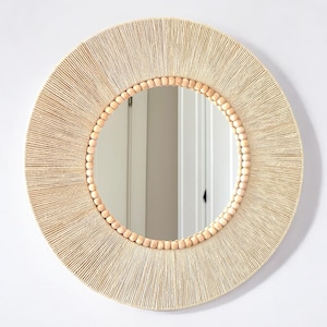 Natural Beaded Wall Mirror,Cream Round Nursery Mirror, Boho Dorm Wall Decor,Large Living Room Gift,New Home Gift,Makeup Mirror, Gift For Her image 4