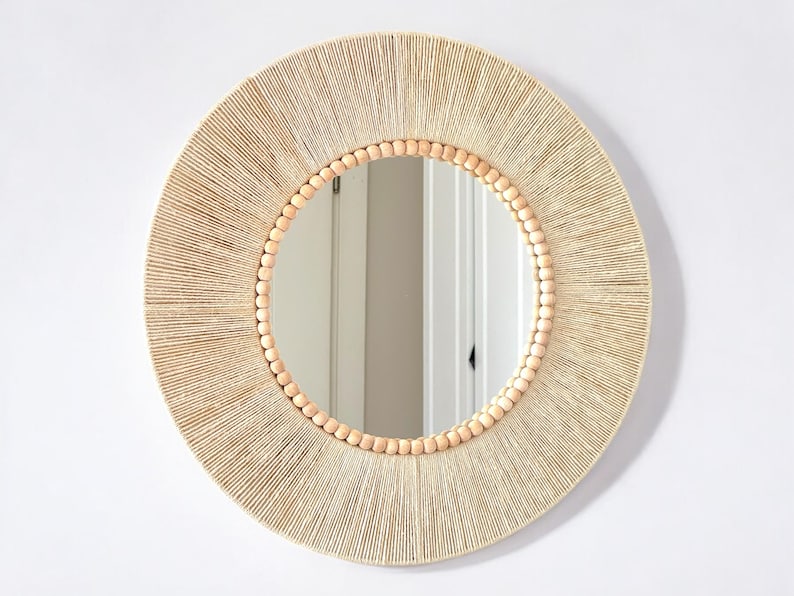 Natural Beaded Wall Mirror,Cream Round Nursery Mirror, Boho Dorm Wall Decor,Large Living Room Gift,New Home Gift,Makeup Mirror, Gift For Her image 4
