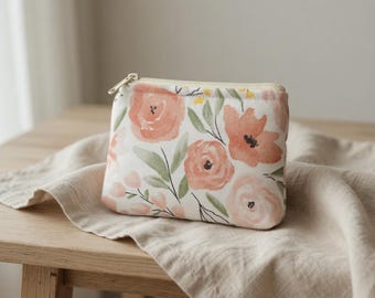 Floral Coin Purse | Cream Zipper Pouch, Cotton Fabric Wallet (4.5x3 inches)