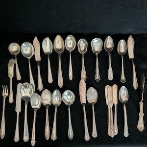 May include: A collection of twenty-six silver-toned metal utensils arranged in rows, including various spoons, butter knives, and a single fork. Each piece features distinct handle designs, ranging from plain to ornate patterns, with varying bowl shapes.