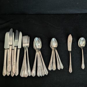 Peut inclure: Un ensemble de couverts argentés comprenant cinq couteaux de table, trois fourchettes, sept grandes cuillères, quatre petites cuillères, un couteau à beurre et une petite cuillère supplémentaire. Chaque pièce présente un motif décoratif.
