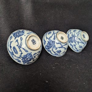 Antique Chinese Blue and White Glaze Porcelain Bowls Cups (3) Qing Dynasty 19th Century