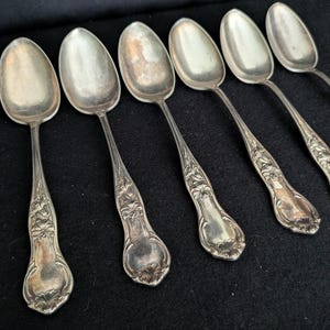 May include: A set of six silver-toned metal spoons arranged in a row. Each spoon features an ornate, embossed floral pattern on the handle, extending from the bowl down to the rounded base. The metal surfaces show signs of natural tarnish and patina.