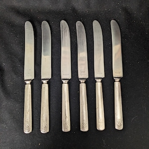 Op de afbeelding: Zes zilverkleurige messen met afgeronde lemmeten en sierlijke handvatten liggen op een donkere ondergrond. De messen hebben een klassiek ontwerp, met een eenvoudige, elegante uitstraling. De handvatten hebben een decoratief patroon.