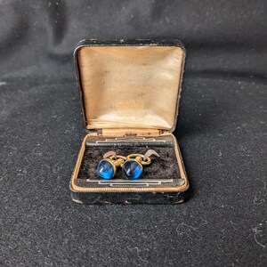 Antique Art deco Gold Tone Blue Glass Cufflinks with Flip Toggle