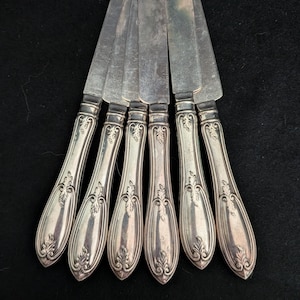 May include: A set of six silver-toned metal dinner knives arranged in a fan pattern. Each knife features a straight, flat blade and a handle decorated with embossed leaf and scroll motifs along the edges and at the base of the handle.