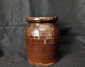 Vintage Brown Ceramic Crock with Lid | Primitive Kitchenware