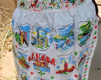 Vintage An Original Yucca Print Cactus Cloth (?) Half Apron Canada Souvenir Map