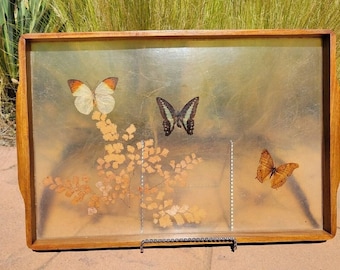 Vintage Butterfly Butterflies Wood & Glass Serving Tray With Pressed Flowers