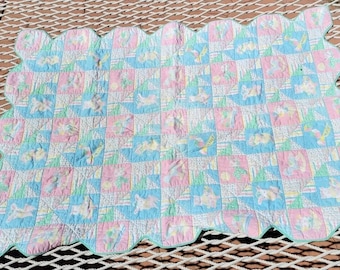 Vintage Baby Quilt - Handmade Crib Blanket Pastel Animal and Vintage Prints