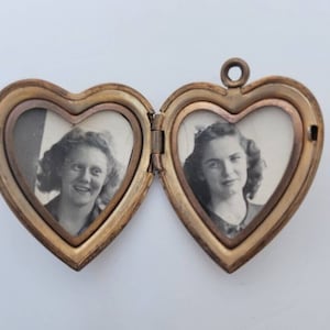 Vintage Brass etched HEART Locket pendant Vintage Photo Lady Military Sweetheart