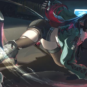 May include: Digital illustration of a character in a dynamic pose, wielding a weapon with red and silver accents. The character wears a green jacket, black shorts, and thigh-high stockings. The artwork has a futuristic, anime-inspired style.