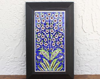 Framed Ceramic Tile Art, Blue Floral Design with Black Frame, Made in Turkey