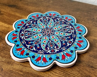 Turquoise Ceramic Trivet, Blue with Red Tulips, Scalloped Edge, 7 inches