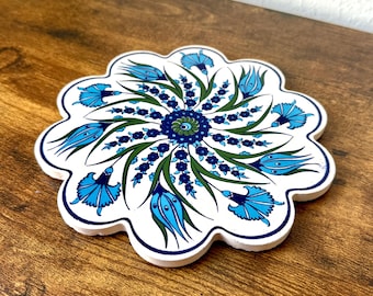 Turkish Ceramic Trivet, Scalloped Floral Design in Blue and Green, 7 inch