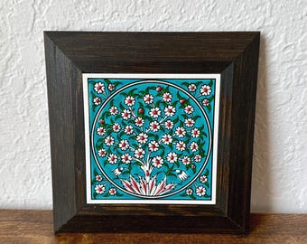 Turquoise Ceramic Tile Wall Hanging, Small, Floral Design with Dark Wood Frame, Turkish Artistry