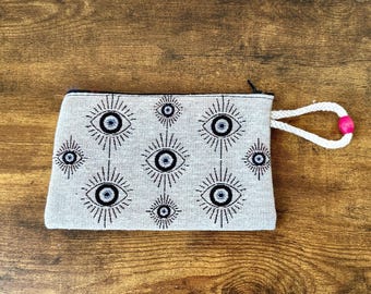 Linen Evil Eye Pouch, Beige with Blue & Black Motifs, Zipper Closure