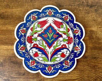 7" Round Ceramic Trivet, Floral Design in Red Green Blue, Made in Turkey