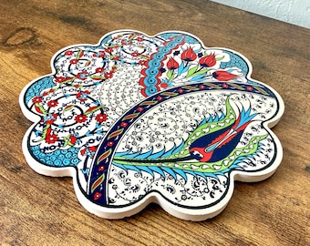 Floral Pot Holder, Scalloped Round Turkish Ceramic Trivet