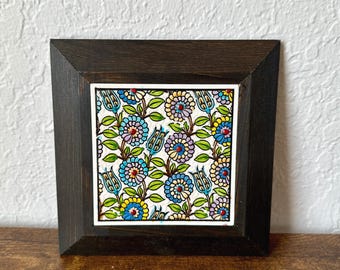 Turkish Ceramic Tile Wall Hanging, Floral Design in Blue, Green, Red, Square Wood Frame