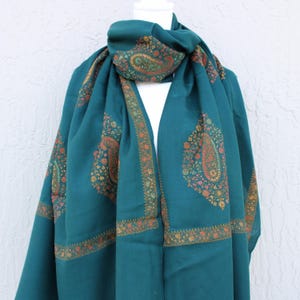 Luxurious Teal Hand-Embroidered Pashmina Scarf - Traditional Paisley Embroidered Design - Lightweight Wrap Shawl