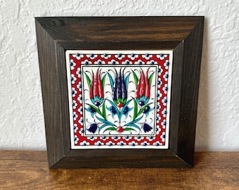 Hand-Painted Turkish Ceramic Tile Wall Hanging, Colorful Floral Design, Dark Wood Frame