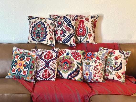 Cotton Square Cushion Covers 17x17 - Turkish Decorative Pillow Cases with Traditional Patterns