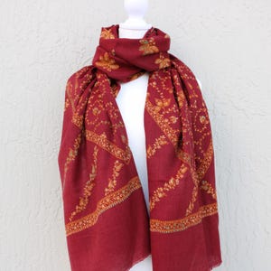 Stunning Red Hand-Embroidered Pashmina Scarf - Traditional Paisley Embroidered Design - Lightweight Wrap Shawl