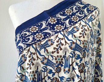 Large Turkish Silk Scarf, Blue White Tulip Design with Navy Border, 35"x35"