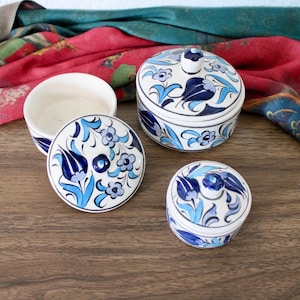 Set of 3 Blue and White Ceramic Jars with Lids – Hand-Painted Floral Trinket or Spice Containers – Turkish Pottery Gift Set