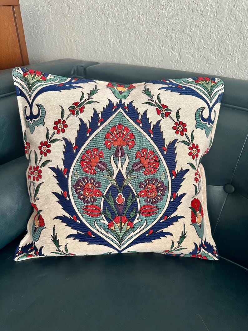 Fundas de cojín cuadradas de algodón de 17x17 pulgadas - Fundas de almohada decorativas turcas con estampados tradicionales Teal Bulb
