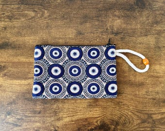 Turkish Fabric Evil Eye Pouch, Blue and White Pattern with Red Lining, Rectangular Shape