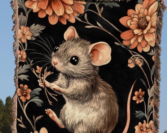 Mouse and Flowers Blanket, Cute Animal Blanket, Floral Throw Blanket, Cozy Blanket for Home, Decorative Blanket for Bed