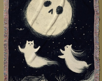 Ghosts and Moon Blanket, Halloween Throw Blanket, Spooky Decorative Blanket, Cozy Blanket for Home, Cute Ghost Blanket
