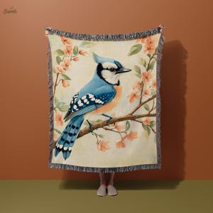 Blue Jay Blanket, Bird Blanket, Bluebird Blanket, Nature Blanket, Floral Bird Blanket, Blue Jay Art Blanket, Spring Bird Blanket
