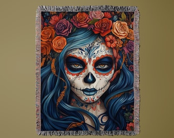 Day of the Dead Blanket, Sugar Skull Blanket, Floral Sugar Skull Throw, Vibrant Blanket, Mexican Art Blanket, Colorful Blanket Throw
