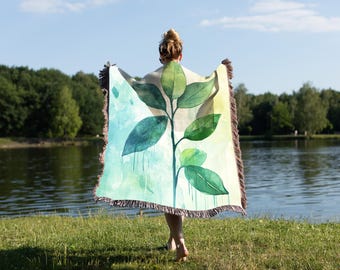 Manta de hojas, manta de plantas de acuarela, manta de hojas verdes, manta botánica, manta inspirada en la naturaleza, manta floral