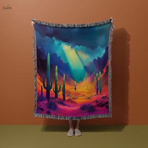 Wüsten-Kaktus-Decke, lebendige Kaktus-Decke, bunte Wüsten-Decke, Sonnenuntergang-Kaktus-Decke, künstlerische Kaktus-Decke, Wüstenlandschaft
