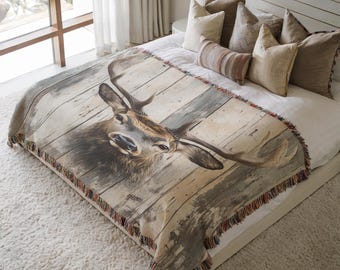 Deer Antlers Blanket, Rustic Wildlife Throw, Antlered Deer Blanket, Forest Animal Throw, Nature Lover Blanket Gift