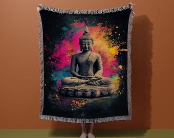 Buddha and Colorful Splash Blanket, Spiritual Throw Blanket, Artistic Decorative Blanket, Cozy Meditation Blanket