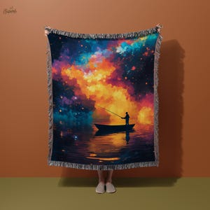 Fishing in the Galaxy Blanket, Cosmic Throw Blanket, Space Blanket for Home, Nature and Starry Blanket, Decorative Blanket