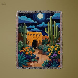 Desert Garden Blanket, Moonlit Desert Blanket, Cactus Blanket, Southwest Blanket, Floral Desert Throw, Cactus Garden Throw