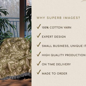 May include: A green and white throw blanket with a floral pattern. The blanket is made from 100% cotton yarn and is made to order. The text "WHY SUPERB IMAGES?" is written in brown text at the top of the image. The text below the title reads: "100% COTTON YARN", "EXPERT DESIGN", "SMALL BUSINESS, UNIQUE ITEMS", "HIGH QUALITY PRODUCTION", "ON TIME DELIVERY", and "MADE TO ORDER".