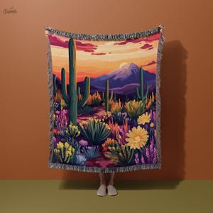 Desert Blanket - Cactus and Prickly Pear Landscape at Sunset, Colorful Southwest Blanket for Nature Lovers