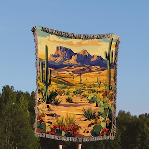 Wüstenlandschaft Decke, Kaktus Landschaft Decke, Südwestern Decke, Wüste Kunst Decke, Bergwüste Decke, Sonnenuntergang Wüstendecke