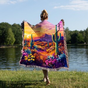 Desert Blanket - Vibrant Cactus and Flower Landscape, Sunset Desert Blanket for Nature Lovers